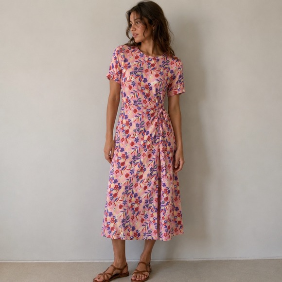 Boden Dresses & Skirts - Boden Amanda Pink Floral Midi Dress Side Tie Size 16/18 Cottagecore Summer